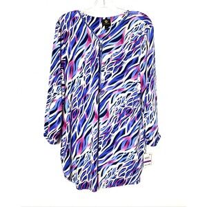 JM Collection Blouse Women Plus Size 2XL 3/4 Sleeve Artist Print Top Zip Blue